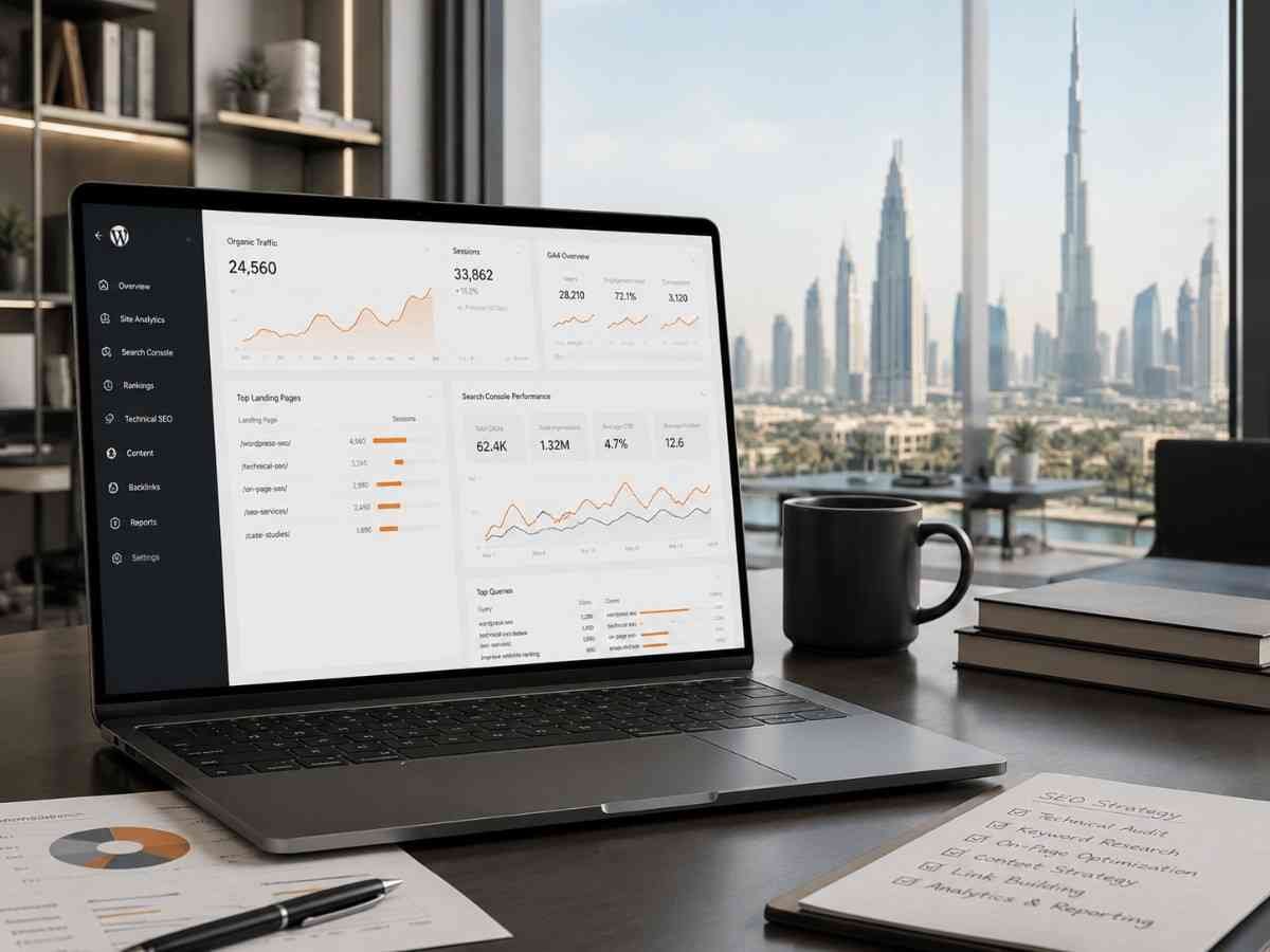 WordPress SEO case study dashboard for Dubai showing organic traffic growth, qualified lead increase, page speed improvement, and ranking gains.