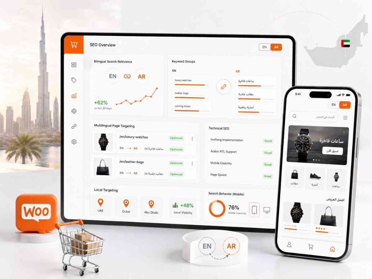 Arabic-English WooCommerce SEO dashboard for Dubai and UAE buyers with bilingual keyword groups, multilingual page targeting, hreflang guidance, RTL support, and mobile search behavior.
