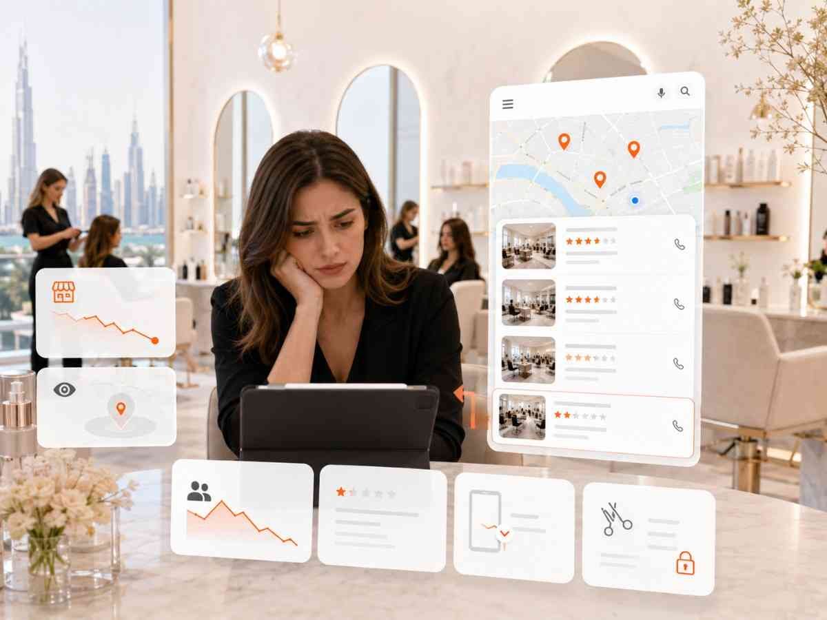 Salon owner reviewing weak Google visibility and competitor rankings for nearby Dubai salon searches