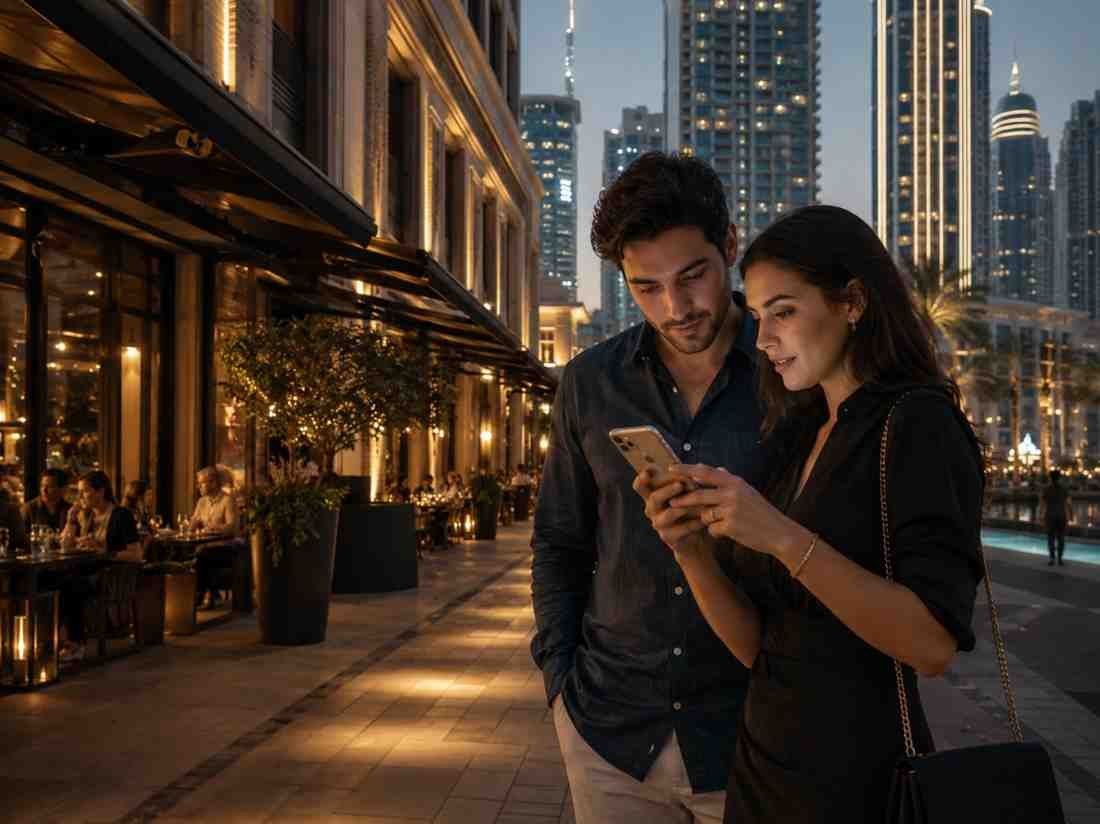 Diners checking restaurant options on a phone outside restaurants in a busy Dubai dining district
