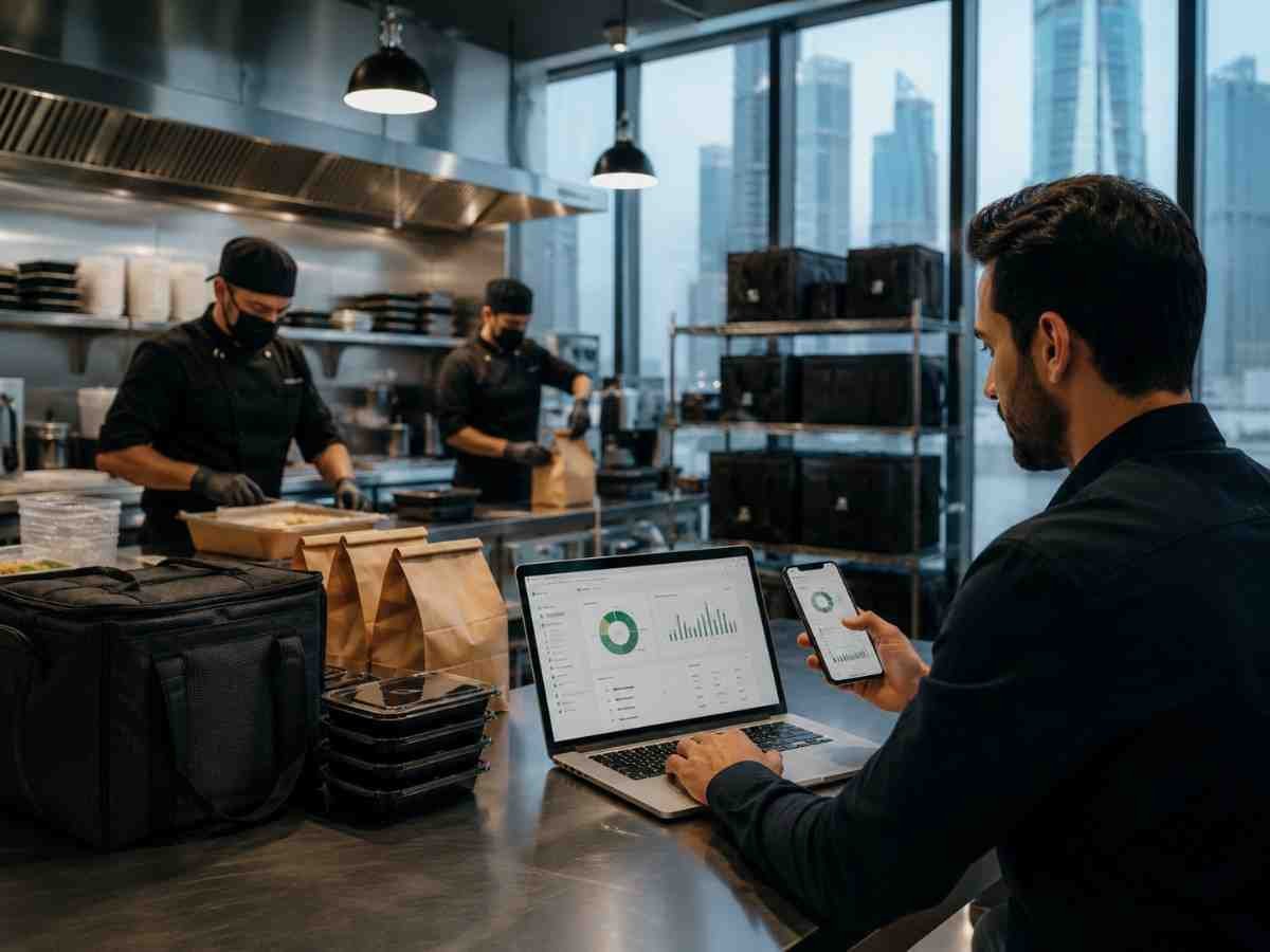 Cloud kitchen manager tracking direct orders and search visibility in a modern Dubai delivery kitchen