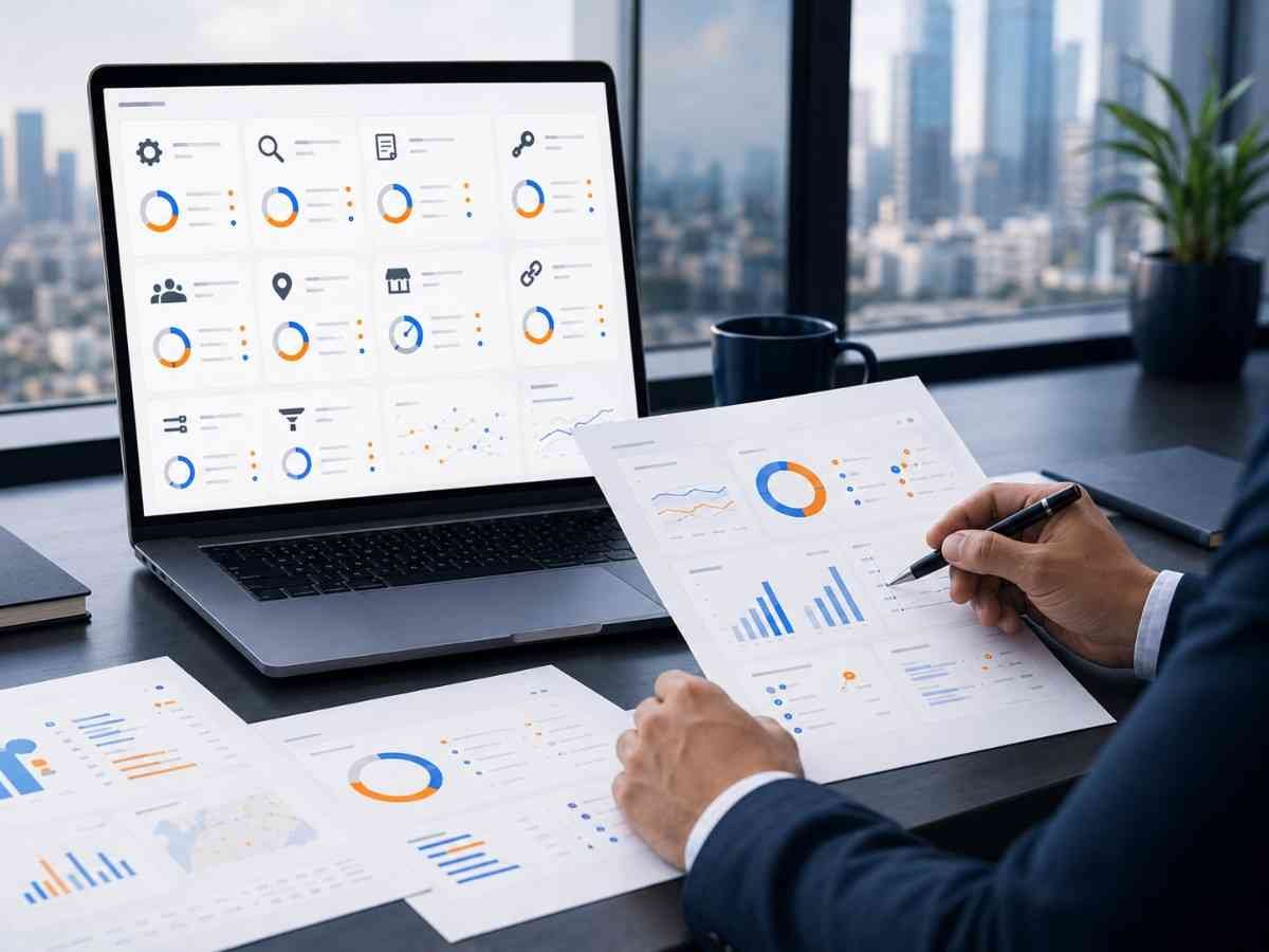 Consultant reviewing complete SEO audit report and analytics dashboard