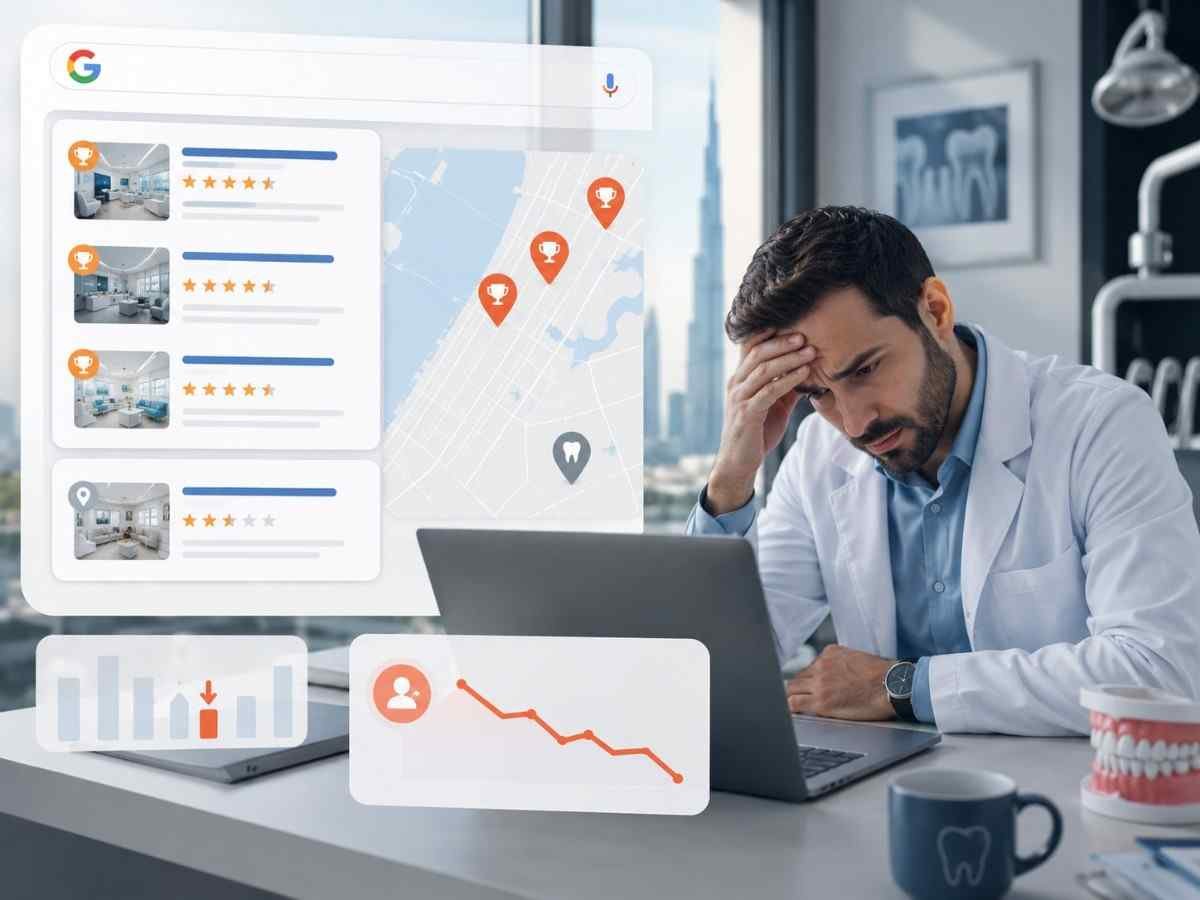Dental website structure connected to Google Search, Google Maps, reviews, internal links, and appointment actions.