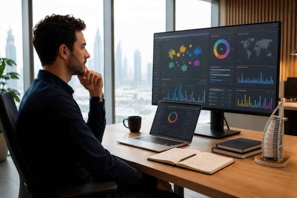 Diverse SEO team collaborating in a Dubai office with analytics screens