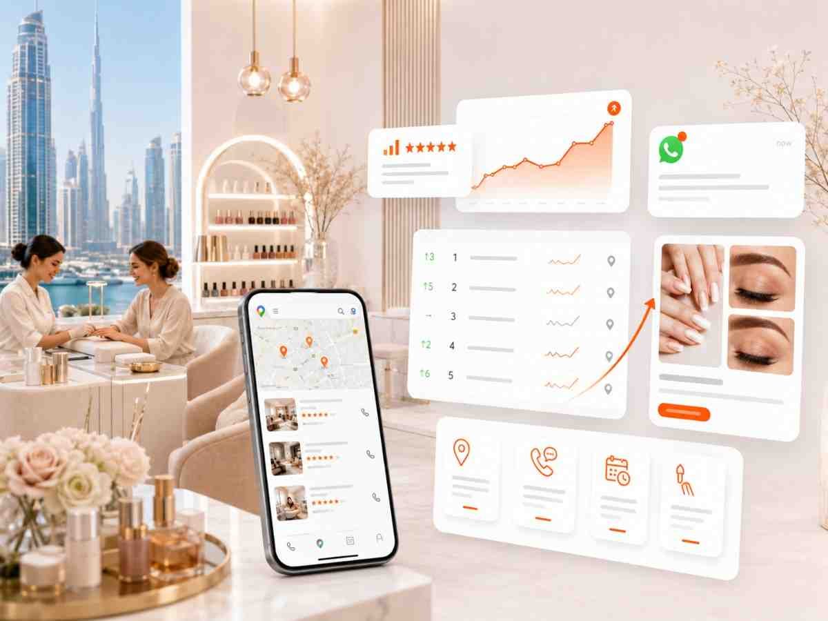 Dubai Marina hair salon SEO growth with rankings, treatment pages, enquiries, and Google Maps performance