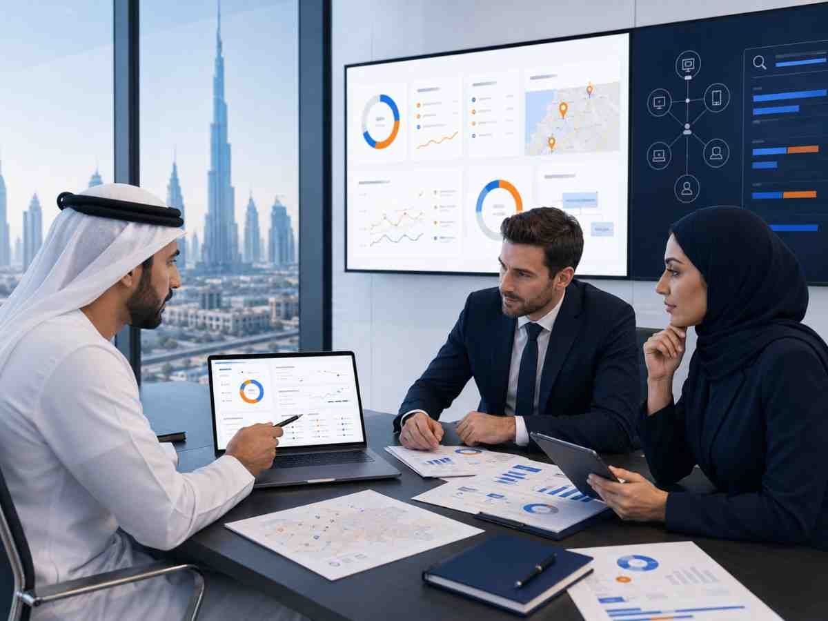 Dubai SEO strategy meeting with audit dashboards and local search insights