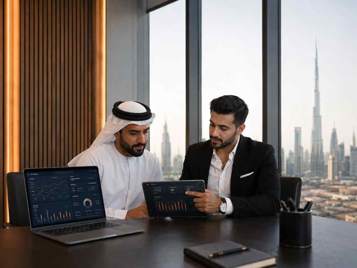 Dubai business owner reviewing SEO lead generation results, calls, bookings, and enquiry growth with an SEO strategist.