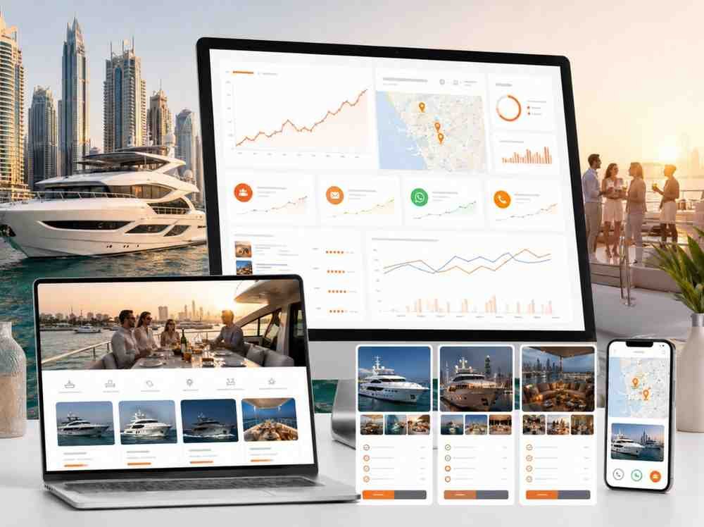 Dubai tour operator search results dashboard showing competing travel listings, Maps visibility, reviews, enquiry signals, and tourism package comparisons.
