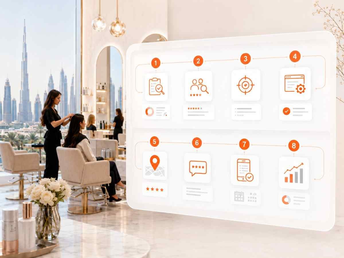 Eight step salon SEO process from audit and competitor research to Google Maps growth and tracking