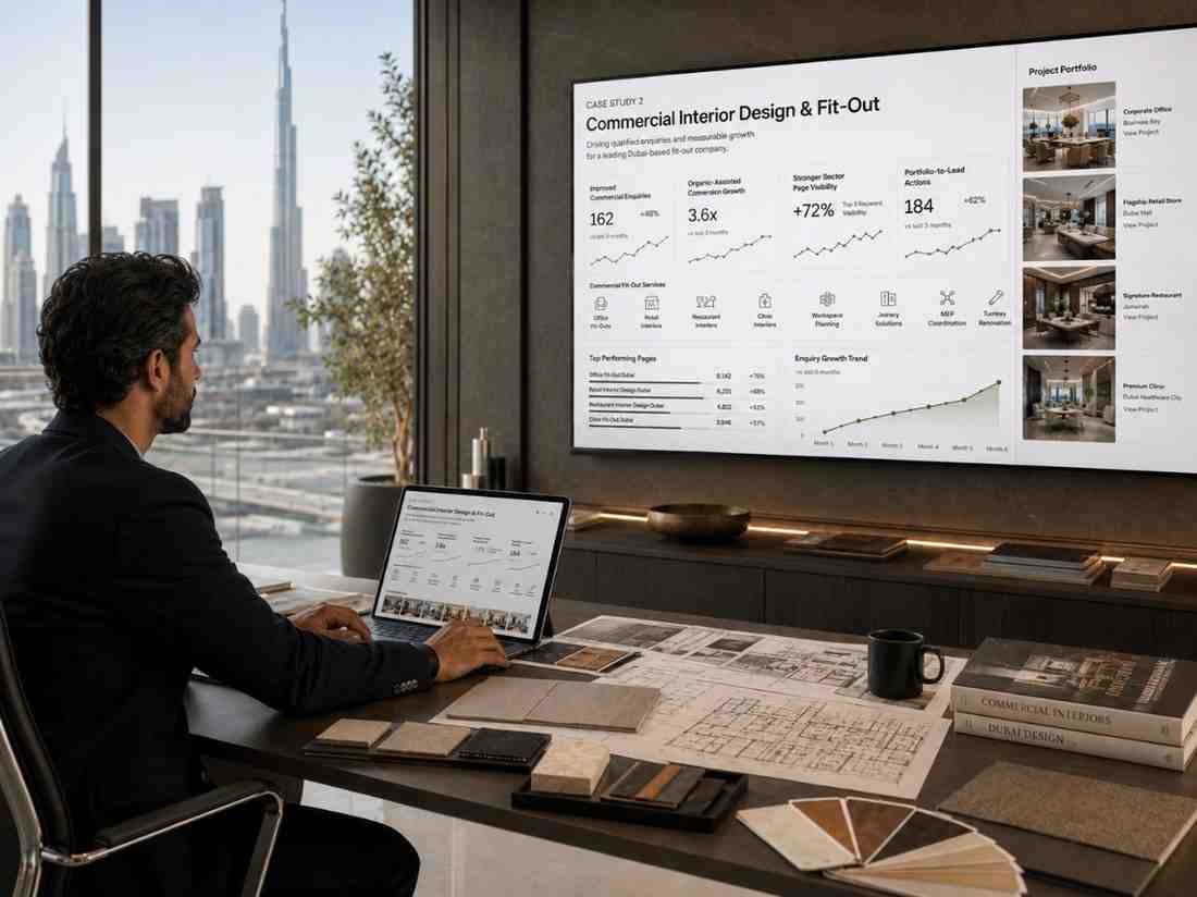 Interior design studio owner reviewing low Google visibility, weak portfolio traffic, and poor lead quality.