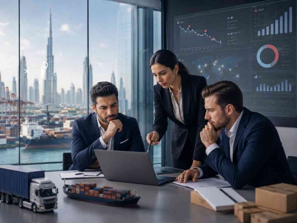 Logistics team reviewing website lead and search visibility challenges in Dubai