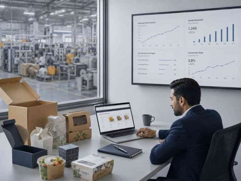 Manufacturing manager reviewing low search visibility and missed buyer inquiries on a website analytics dashboard.