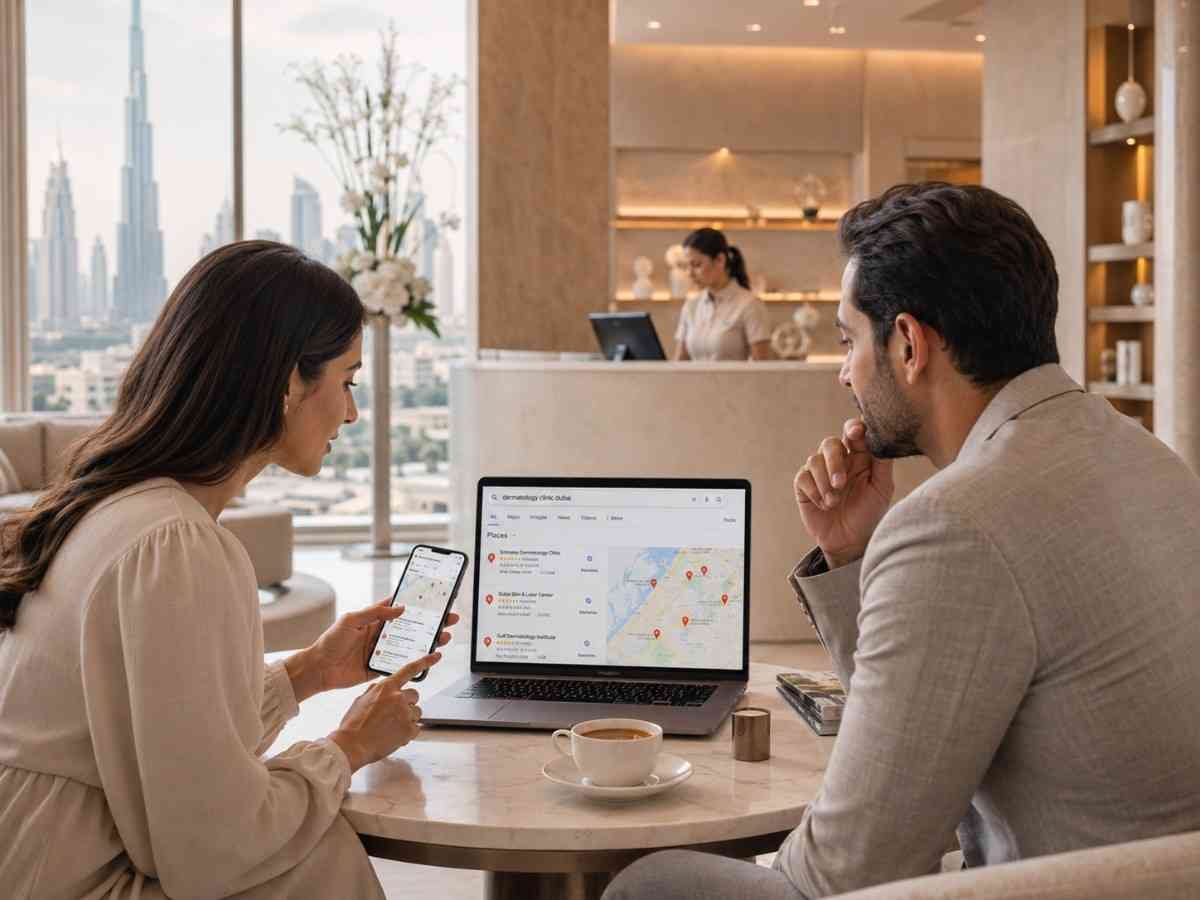 Patients searching Google Maps before choosing a dermatology clinic in Dubai