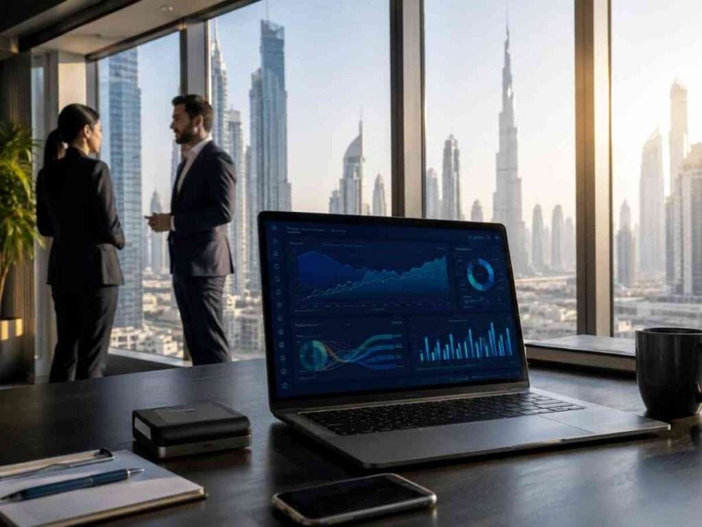 Payment platform SEO growth dashboard in a Dubai fintech office