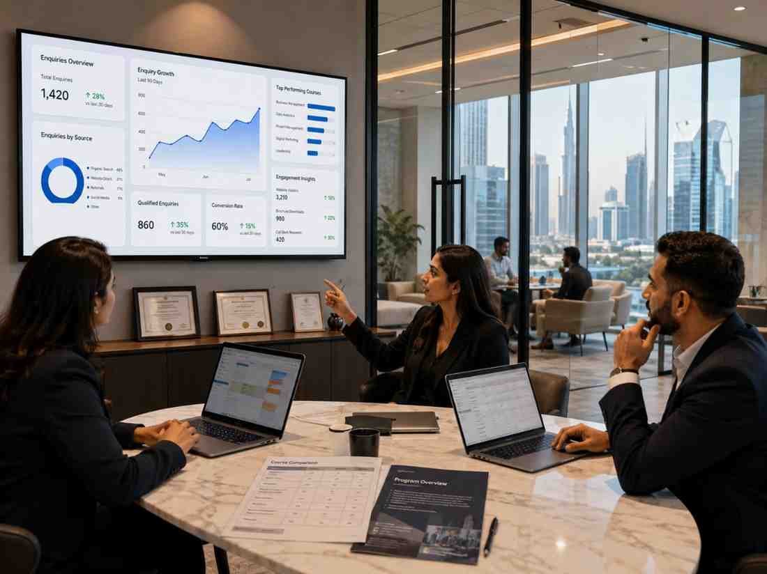 Professional training institute team reviewing course enquiry growth and SEO performance in Dubai