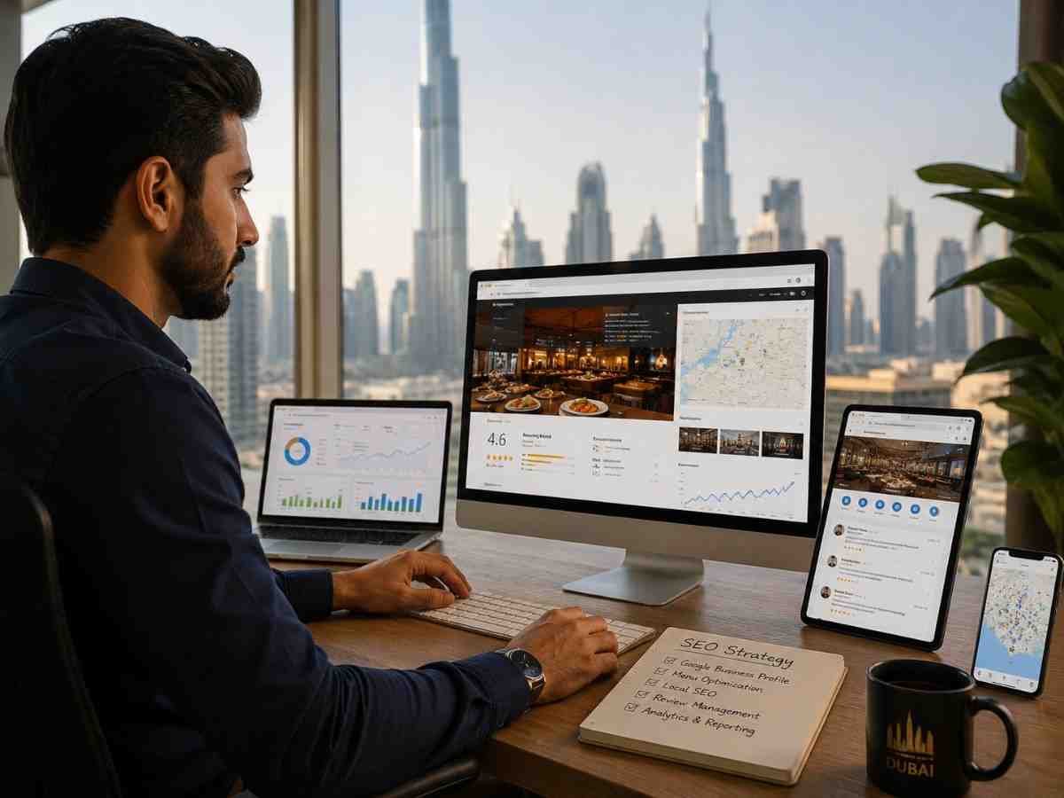 Restaurant SEO consultant reviewing Dubai local search, reviews, maps, and visibility performance