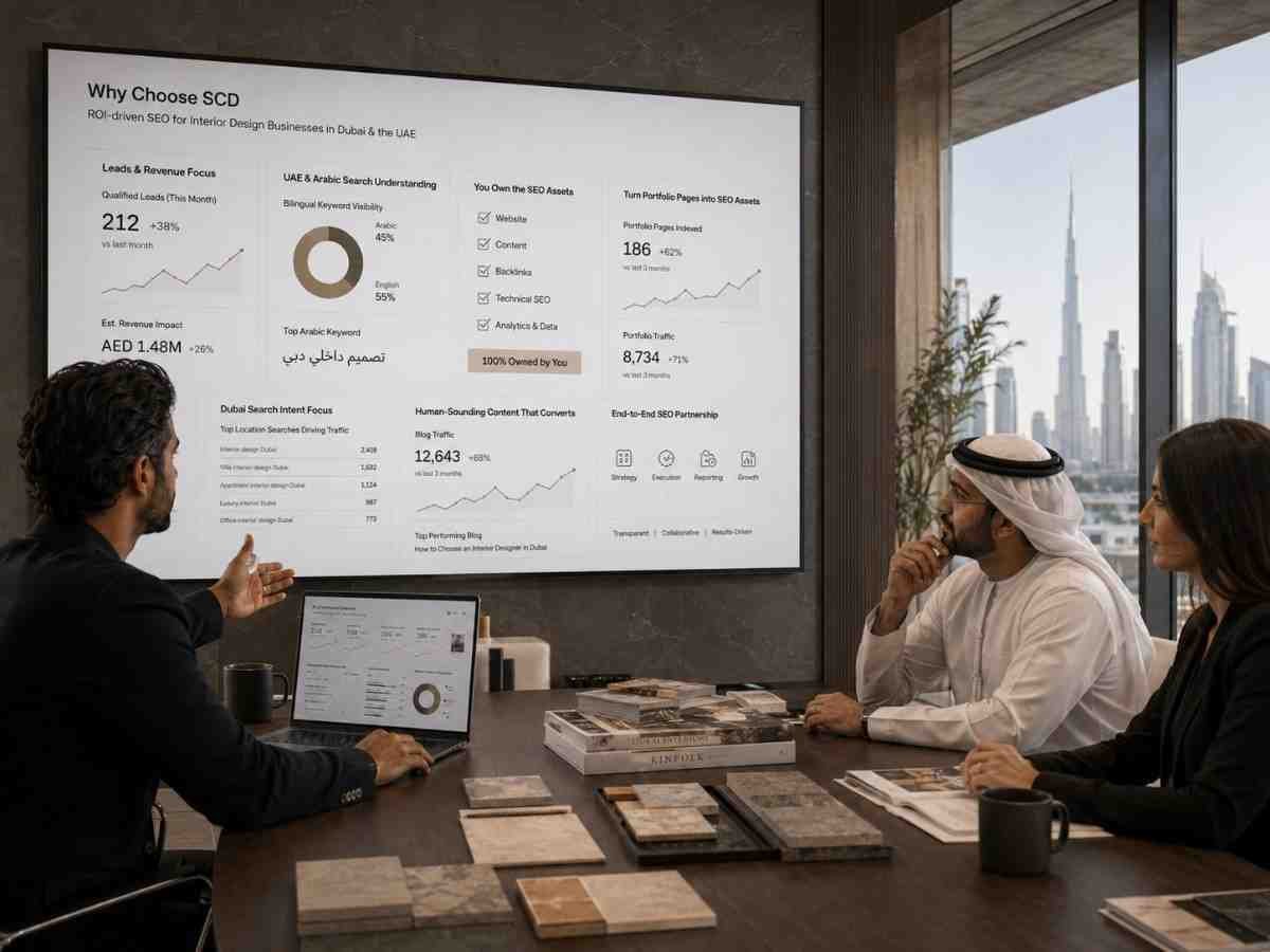 SEO strategy meeting for a Dubai interior design business focused on leads, Arabic search, and portfolio SEO.