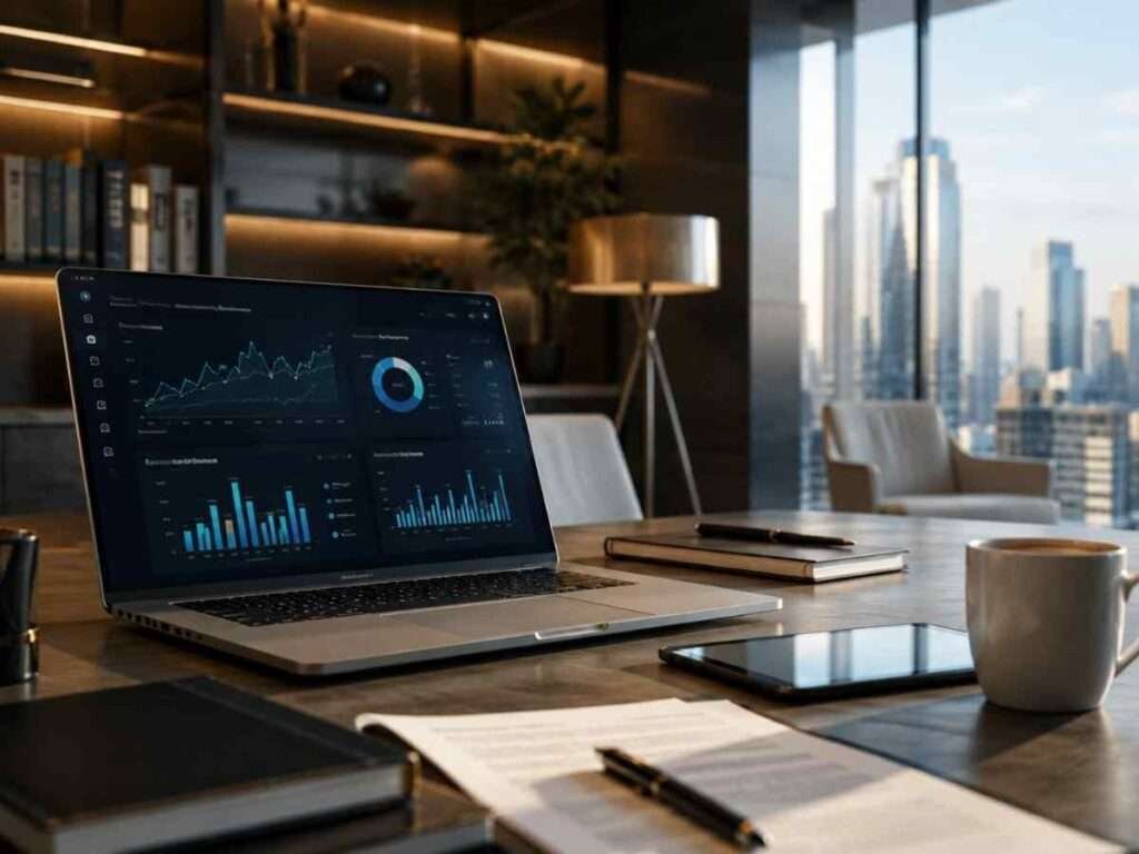 WealthTech investment analytics dashboard in a premium office setting