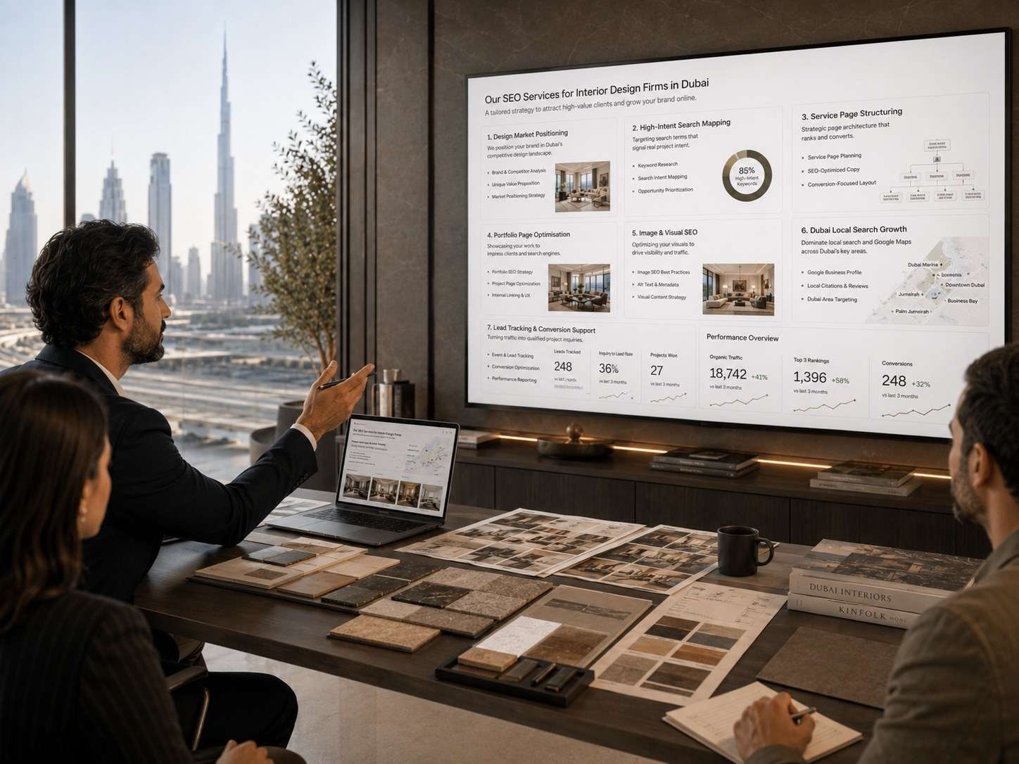 A confident interior design team reviews positive SEO performance in a refined Dubai design studio, with dashboards, project visuals, design materials, and enquiry growth metrics supporting the final call to book an SEO audit.