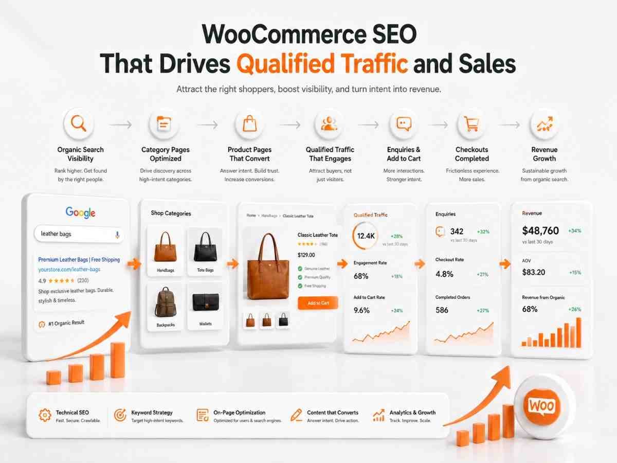 WooCommerce SEO funnel showing organic search visibility, optimized category pages, product pages, qualified traffic, enquiries, checkouts, and revenue growth.
