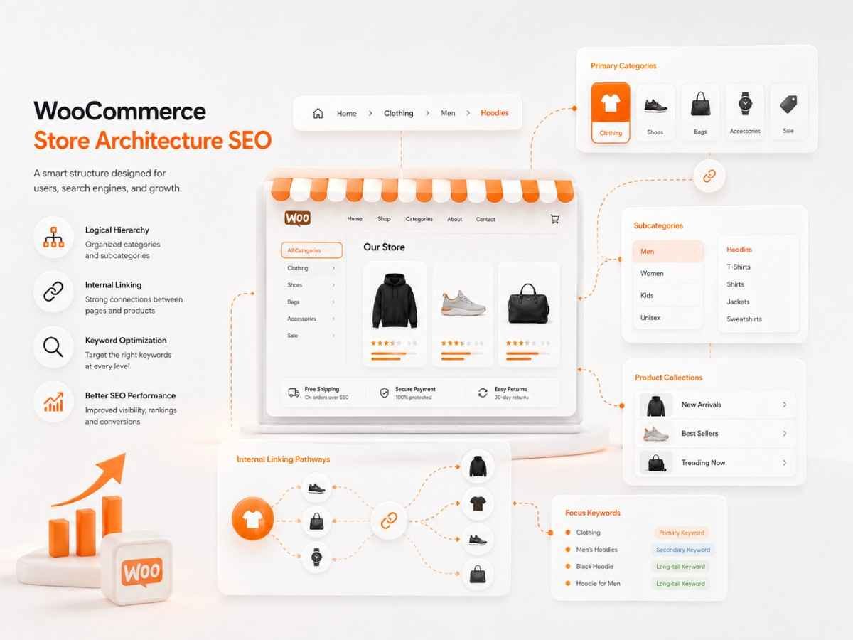 WooCommerce store architecture SEO diagram showing category hierarchy, subcategories, product collections, breadcrumbs, internal linking, and keyword organization.