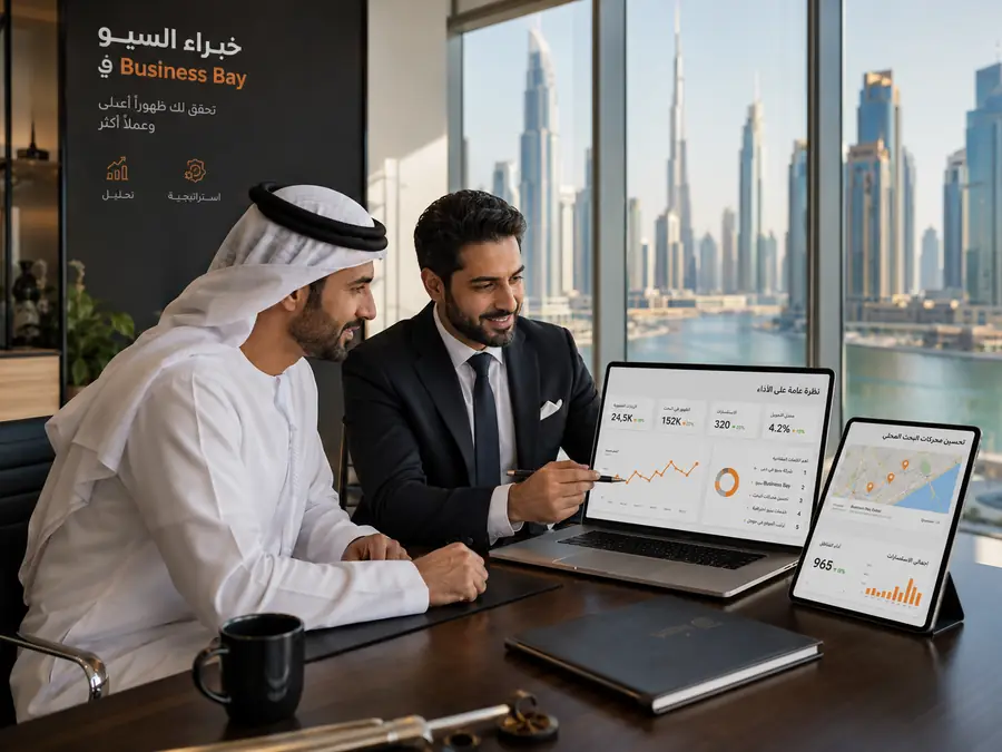 Arabic SEO consultation in Business Bay office with local search dashboard