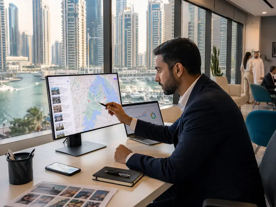 Dubai Marina local SEO specialist reviewing map visibility and mobile search behaviour in a modern office.