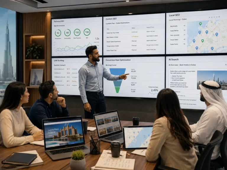 Travel SEO services dashboard and team