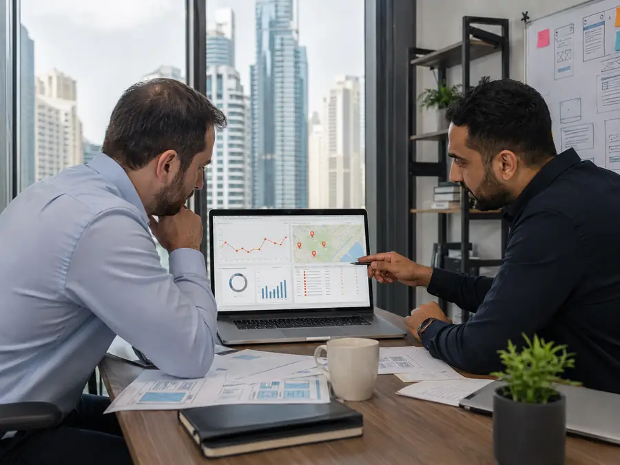SEO consultant reviewing rankings, Google Maps visibility, and technical SEO issues for a Dubai Marina business.