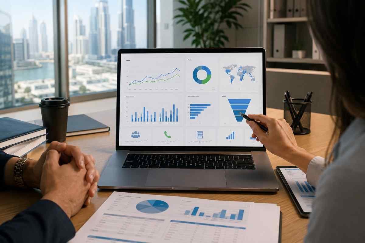SEO report meeting showing a laptop dashboard with charts, lead tracking icons, and monthly performance metrics.