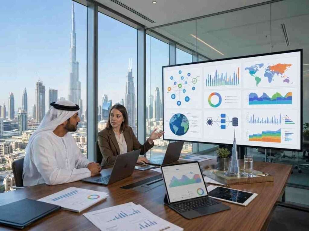Enterprise SEO strategy meeting in a Dubai office with analytics dashboards, laptops, and skyline views.
