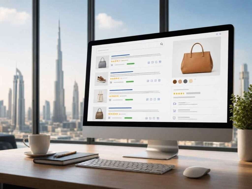 Desktop monitor showing ecommerce rich results and product schema optimization in a Dubai office.