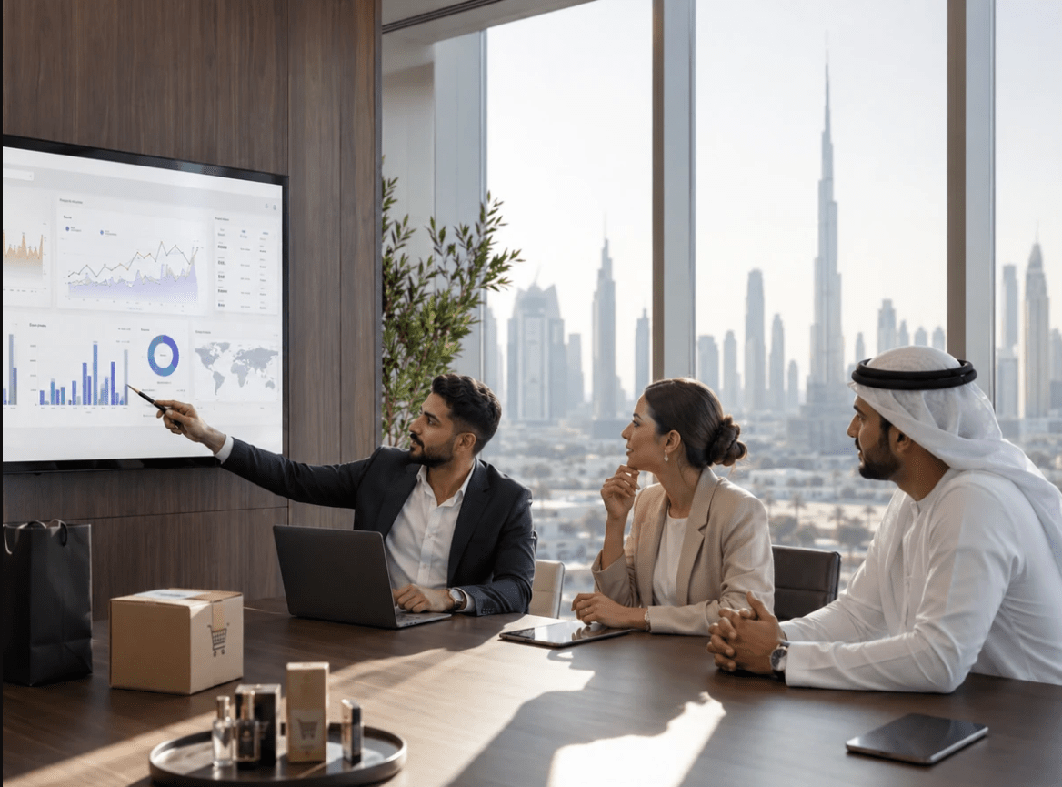 Dubai SEO strategy meeting with ecommerce analytics.