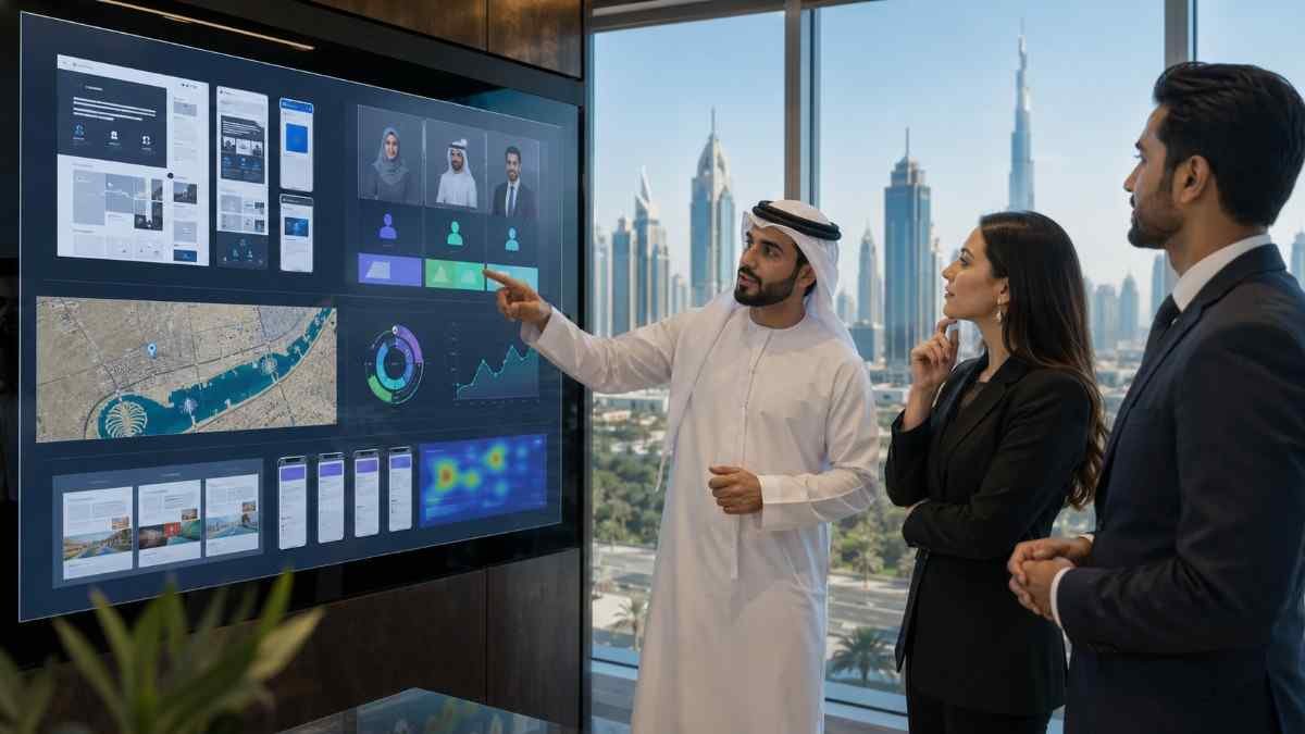 Dubai SEO team reviewing local search intent, bilingual page layouts, and audience analytics on a large digital screen.