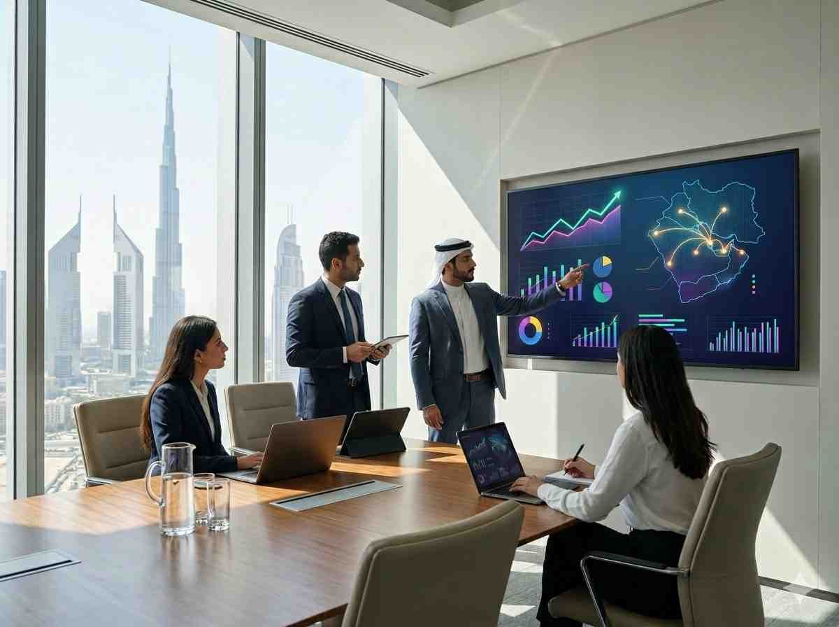 Dubai business team reviewing B2B SEO growth strategy and organic search analytics in a modern office.