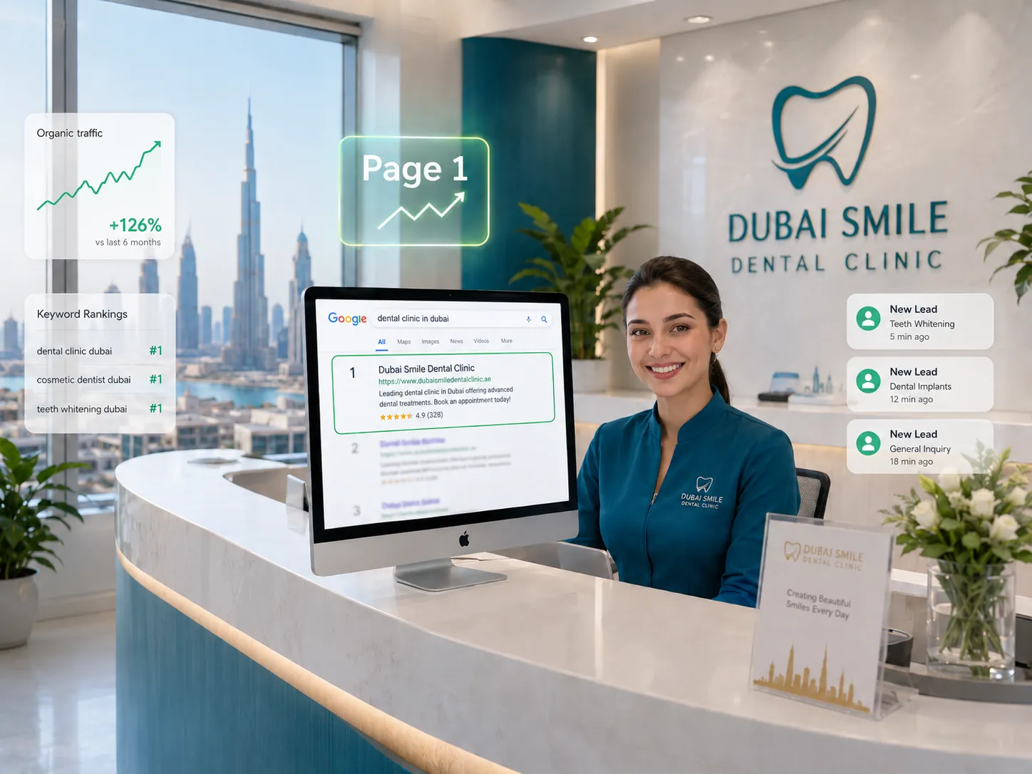 Dubai dental clinic reception with SEO dashboard, Google ranking, traffic chart, and patient leads.