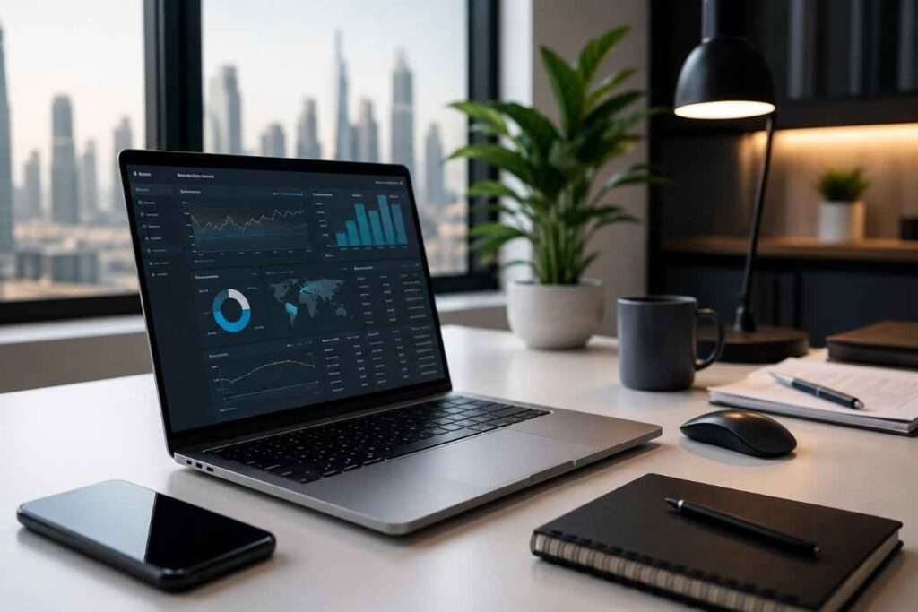 Modern office desk with laptop showing SEO analytics dashboard and city skyline view.