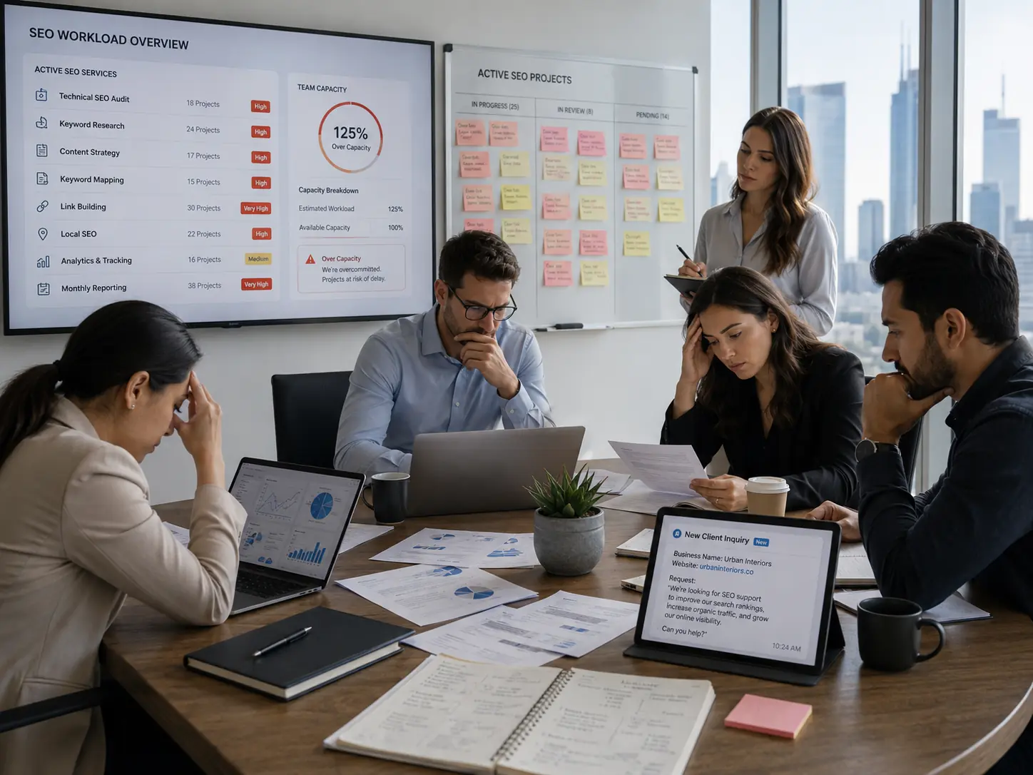 Overloaded agency team managing SEO client requests and monthly reporting.