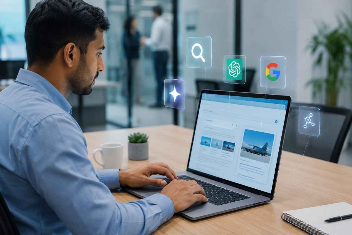 Professional using a laptop to analyze AI search and SEO visibility in a modern office.