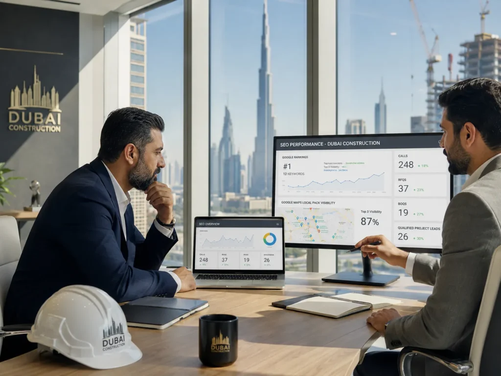 SEO dashboard for construction companies in Dubai generating RFQs and project leads