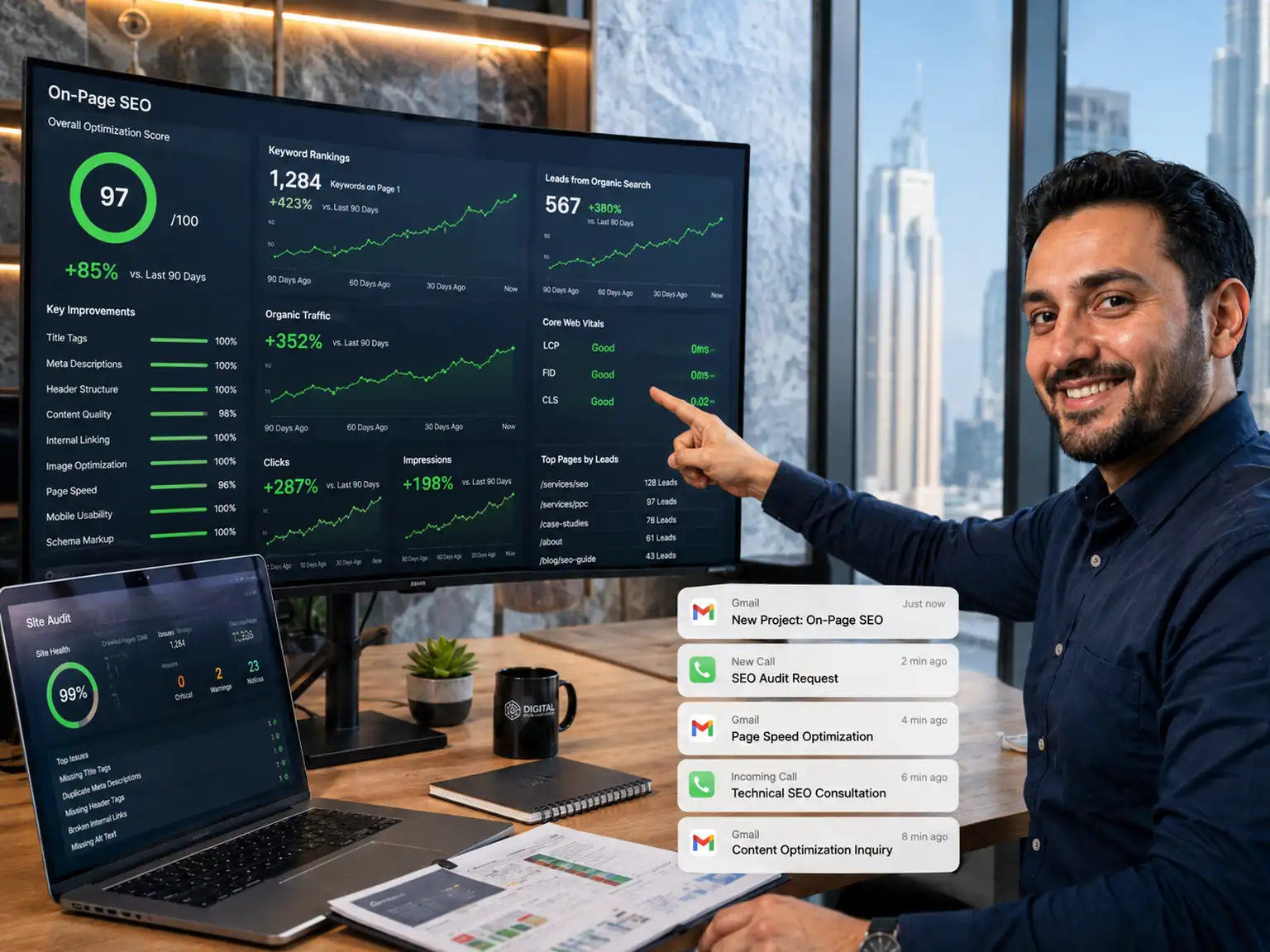 SEO specialist showing Dubai on-page SEO results and new lead notifications.