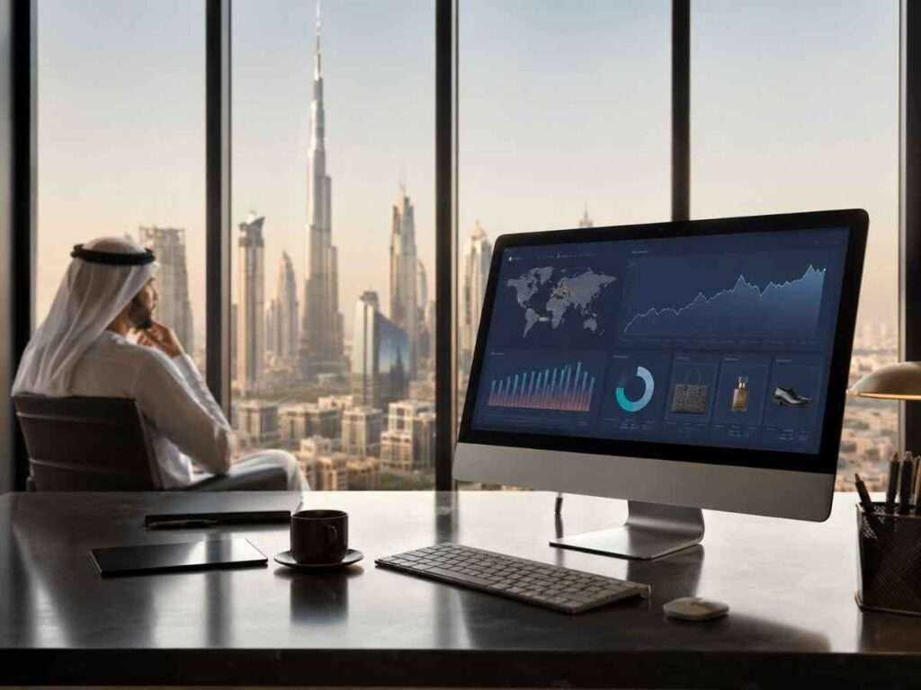 Dubai office workspace with ecommerce analytics dashboard for UAE and GCC Shopify SEO growth.
