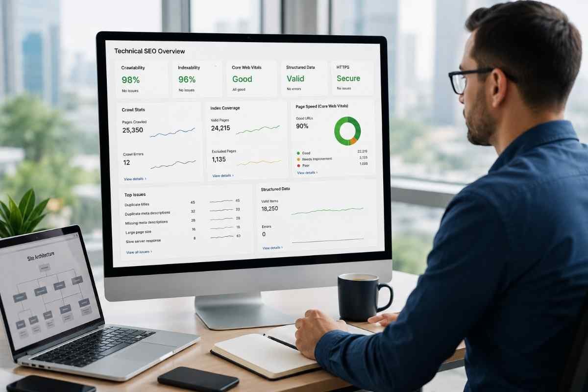 Technical SEO specialist reviewing crawlability, indexability, Core Web Vitals, and structured data metrics on a desktop dashboard.