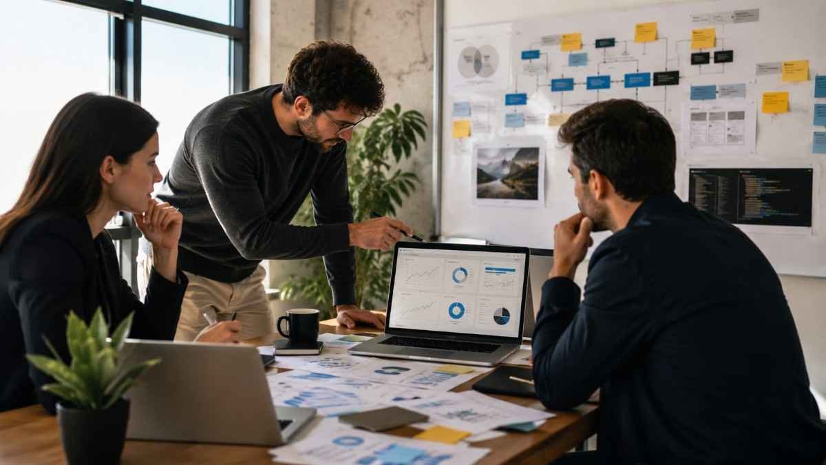 SaaS SEO team reviewing roadmap, analytics dashboards, and performance reports in a modern office meeting.