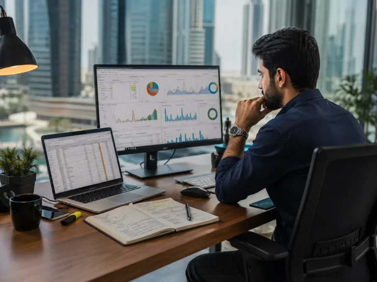 SEO specialist auditing backlink data in a Dubai office.