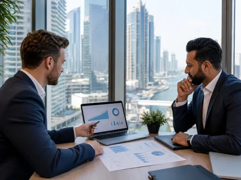 Business Bay client handshake after reviewing SEO growth results.