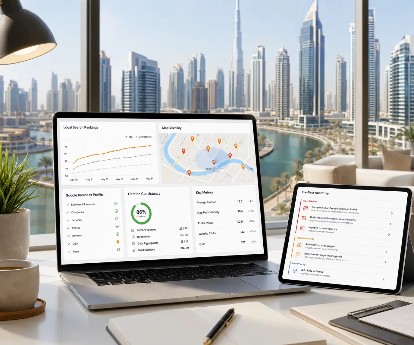 SEO audit dashboard with Business Bay map, Google Business Profile, citations, and roadmap.