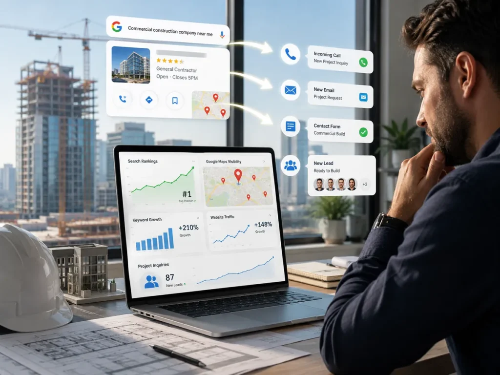 Construction SEO dashboard showing search visibility, Google Maps leads, and project inquiries.
