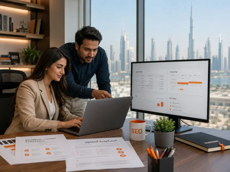 SEO specialists planning topic clusters, page outlines and a content calendar during a Dubai strategy workshop.