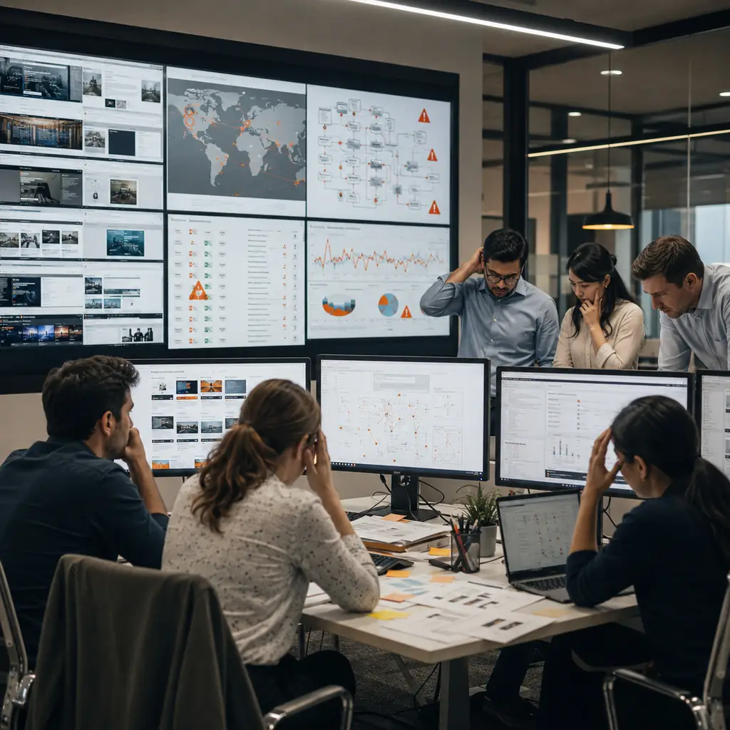 Enterprise SEO problem-solving war room with team reviewing technical issues, website dashboards, alerts, and performance screens